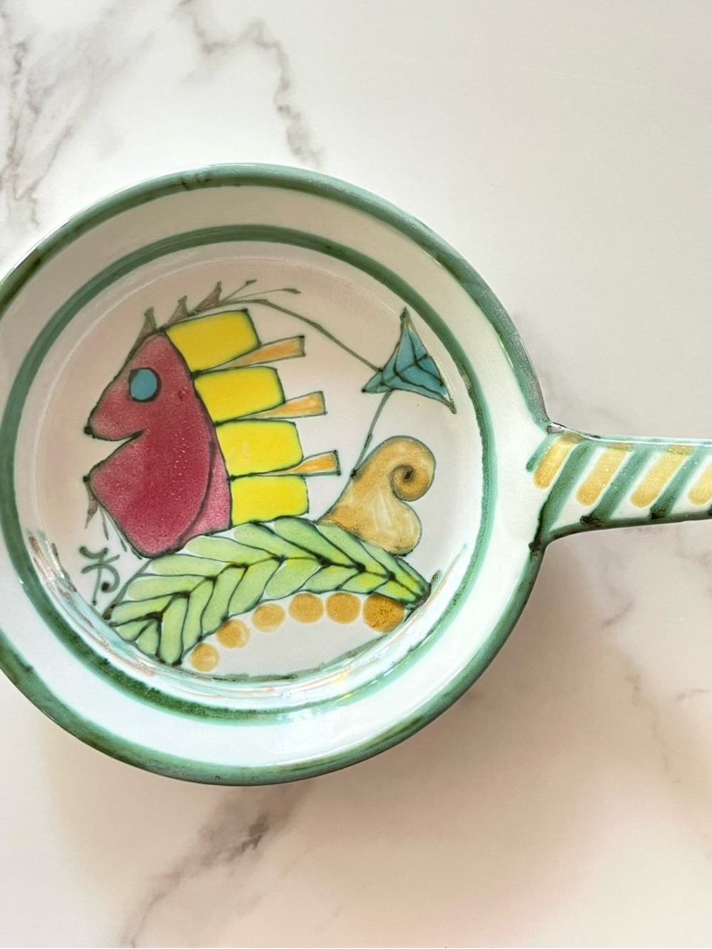 Vintage Hand-Painted Signed Baking Dish Serving Bowl Handle Pan Shaped Portugal